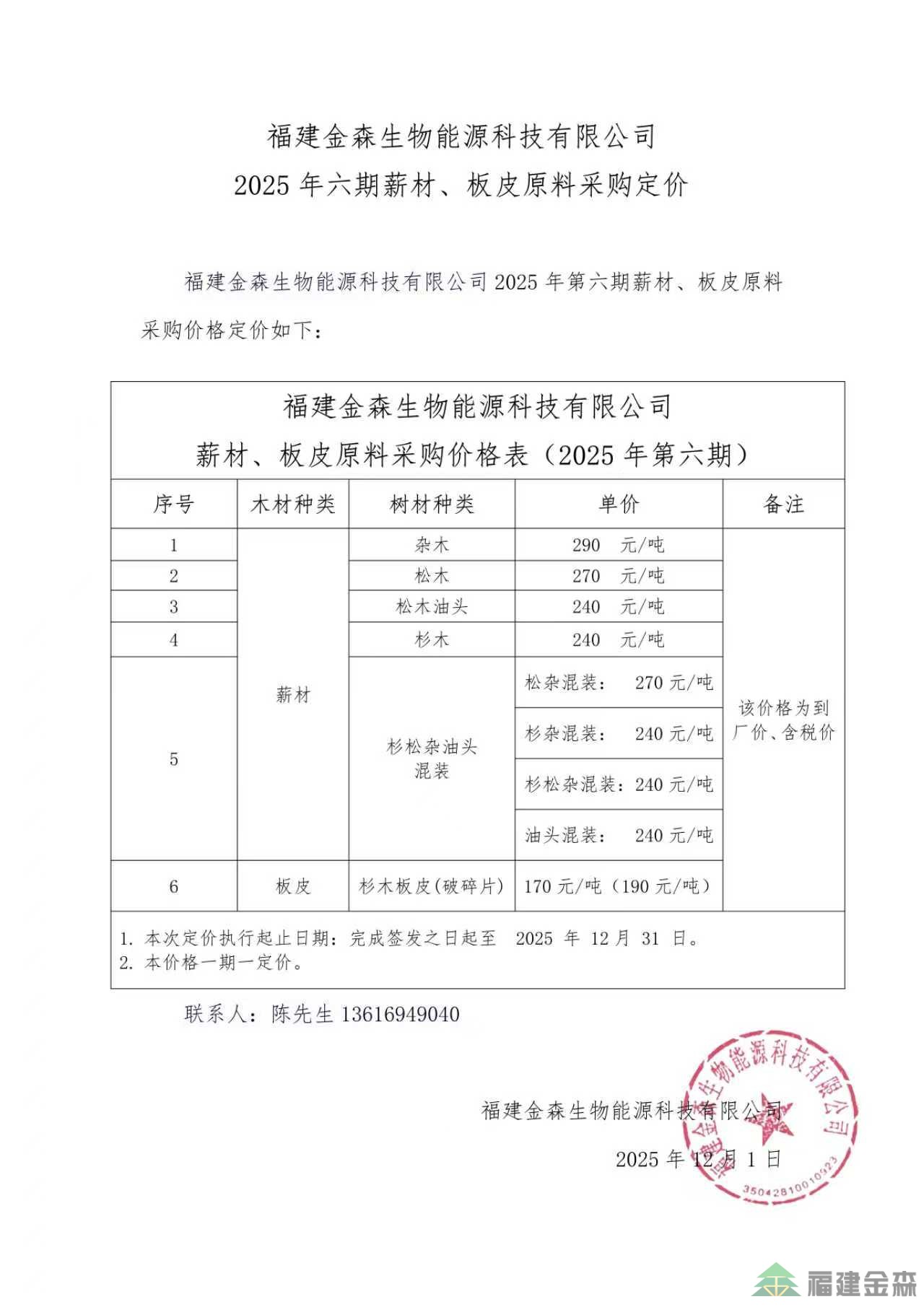 福建金森生物能源科技有限公司 2025年六期薪材、板皮原料采購(gòu)定價(jià)